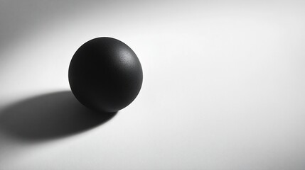 Black sphere rests on white surface, dramatic lighting, minimalist backdrop; website banner