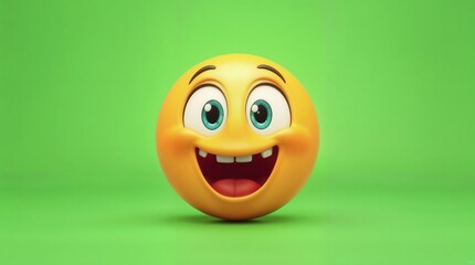 Fototapeta premium Yellow smiling emoji, emoticon with happy expression on bright green background