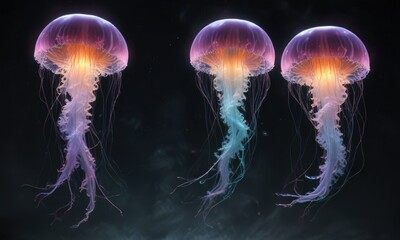 Ethereal jellyfish floating in mid-air on a dark canvas, futuristic, cosmic jellyfish
