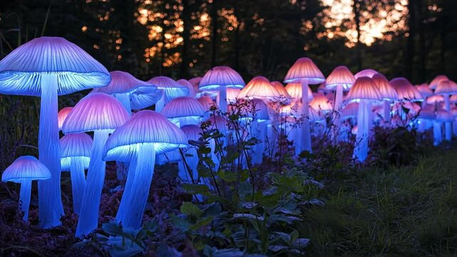 White parasol mushrooms with red spots flourish amidst a bed of green moss in a lush, rain-soaked autumn forest