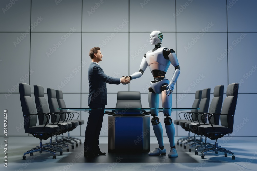 Poster a businessman shakes hands with a humanoid robot in a modern office setting, symbolizing the future 