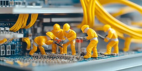 Miniature workers meticulously repairing a complex circuit board, showcasing intricate details and highlighting the precision required in technological maintenance.