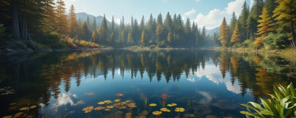 Forest lake with a few water plants growing on its edge, woodsy, forest, aquatic