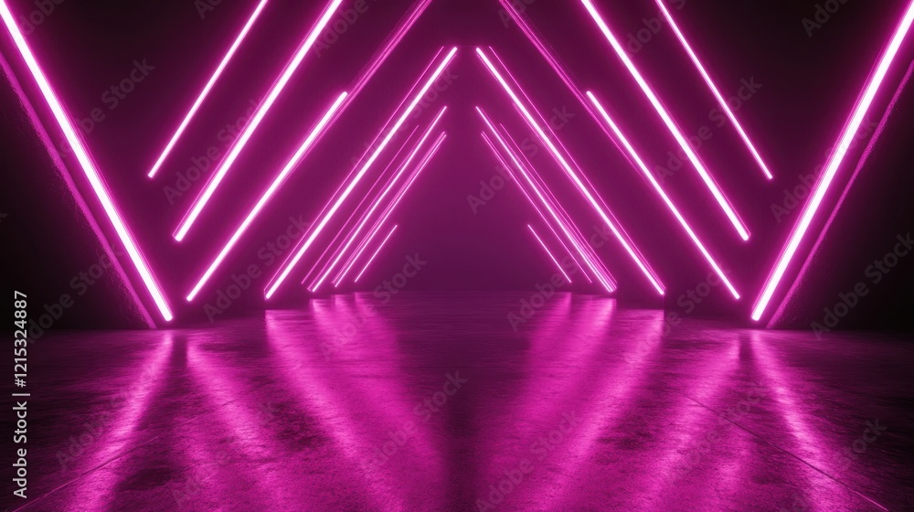 Poster a dark, futuristic tunnel is illuminated by bright pink neon lights arranged in a converging triangu