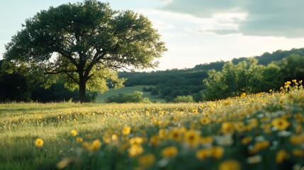 A solitary tree stands amidst a meadow carpeted with brilliant wildflowers, basking in the soft golden glow of the setting sun.