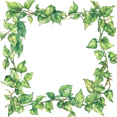 Watercolor Painting of Green Ivy Leaves Forming a Frame