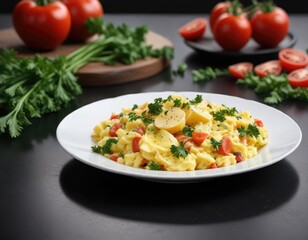 Fresh scrambled eggs with tomato and parsley on a white plate against a black reflective surface , table, morning