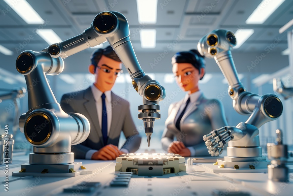 Poster two businesspeople oversee robotic arms assembling a circuit board in a futuristic factory.