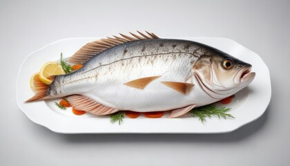 Fresh whole fish lying on white plate, isolated, seafood, culinary