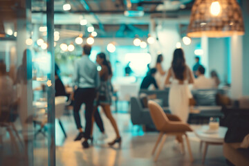 Blurred image of a modern open plan office space, with groups of people socializing after work
