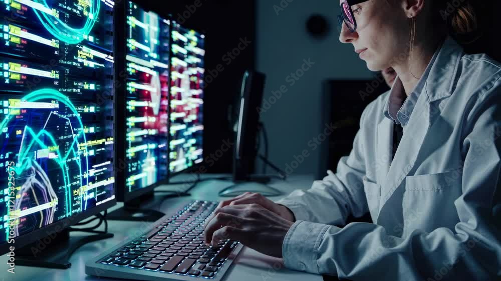 Fototapete experts analyze data trends in a high-tech laboratory setting during the evening hours