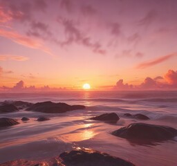 Fiery red and orange hues of sunset blending into soft pastel pinks and yellows, colors, peaceful atmosphere, orange