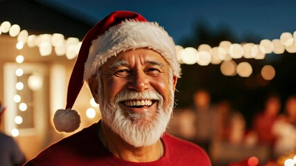 Joyful elderly man celebrates holiday cheer in festive santa hat with warm laughter and bright lights - Powered by Adobe