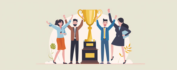 Fototapeta premium Diverse team of professionals is celebrating their achievement holding a big trophy