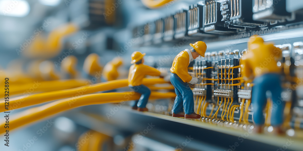 Poster miniature workers maintain complex network cables and connectors. a detailed close-up reveals intric