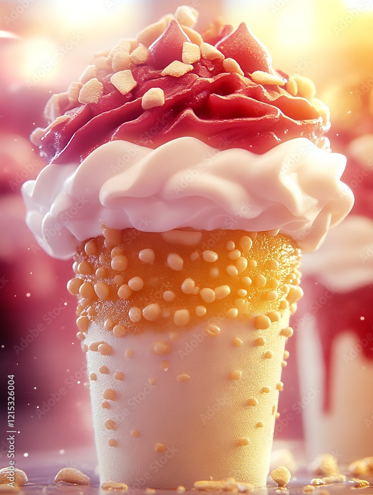 Aufkleber Tempting Strawberry Ice Cream Cone with Soft Swirls and Crunchy Toppings in Dreamy Lighting : Generative AI