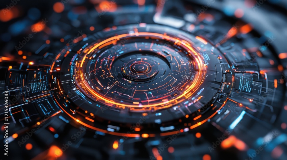 Poster futuristic interface design showcasing smart city concept with interactive elements and glowing path