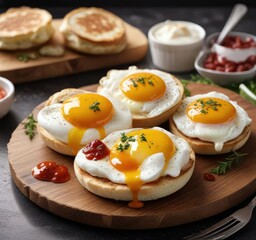 Freshly poached eggs placed atop toasted English muffins with an overabundance of luscious hollandeise sauce, culinary delight, egg toppings, brunch inspiration
