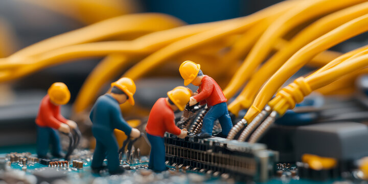 Miniature workers meticulously connecting cables on a circuit board, highlighting the intricate details of technological infrastructure.