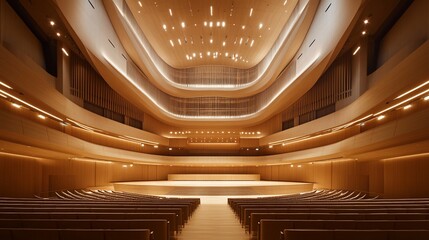 Concert hall interior, wooden design, empty seats, stage,  lighting, architectural photography, event venue