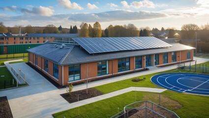 Modern Sports Facility with Solar Panels and Green Spaces