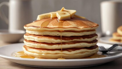 Fluffy pancakes stacked high on a white plate , stack,