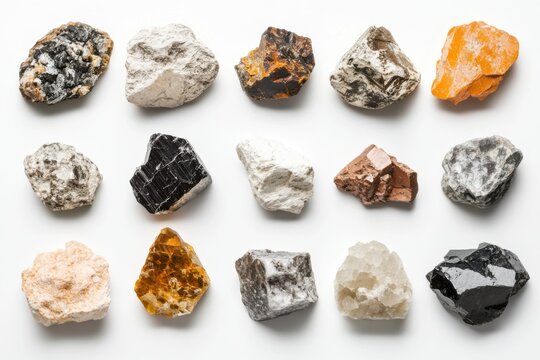 Mineral collection of brucite and various stone samples displayed on a pristine white surface highlighting intricate textures