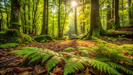 Obraz premium Forest floor with ferns, moss, and fallen leaves under a shaded canopy, scenery, moss, undergrowth, ferns, botanicals