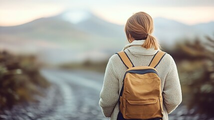 Fototapeta premium Adventurous Woman Walking on Rural Pathway in Autumn : Generative AI