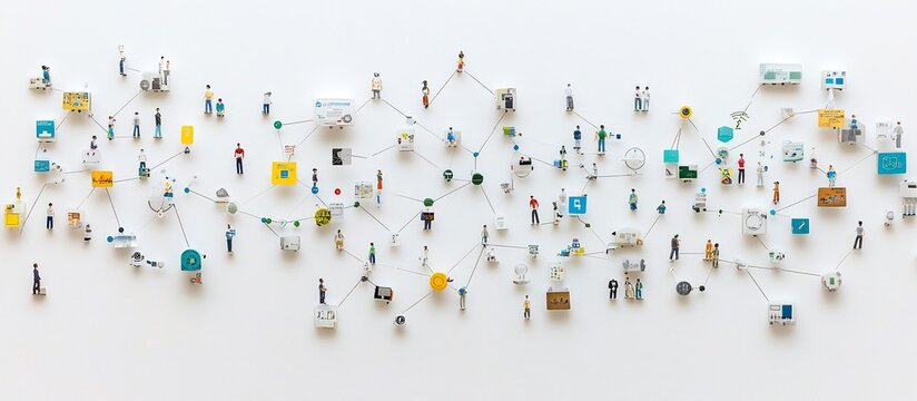 Global network interconnected people, objects, and processes on white background