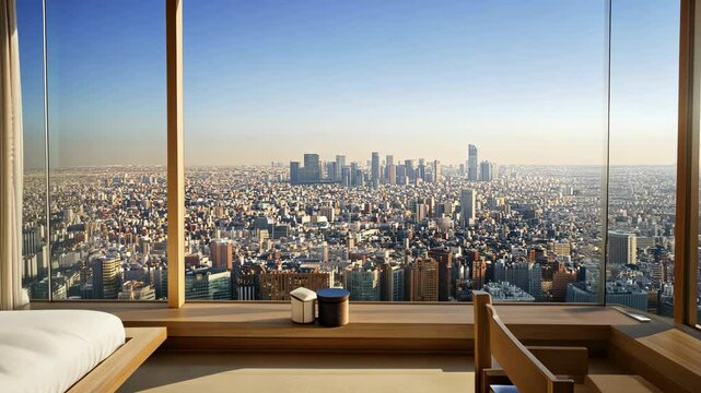 Luxury hotel room with panoramic city view at sunset overlooking skyline in a bustling metropolis