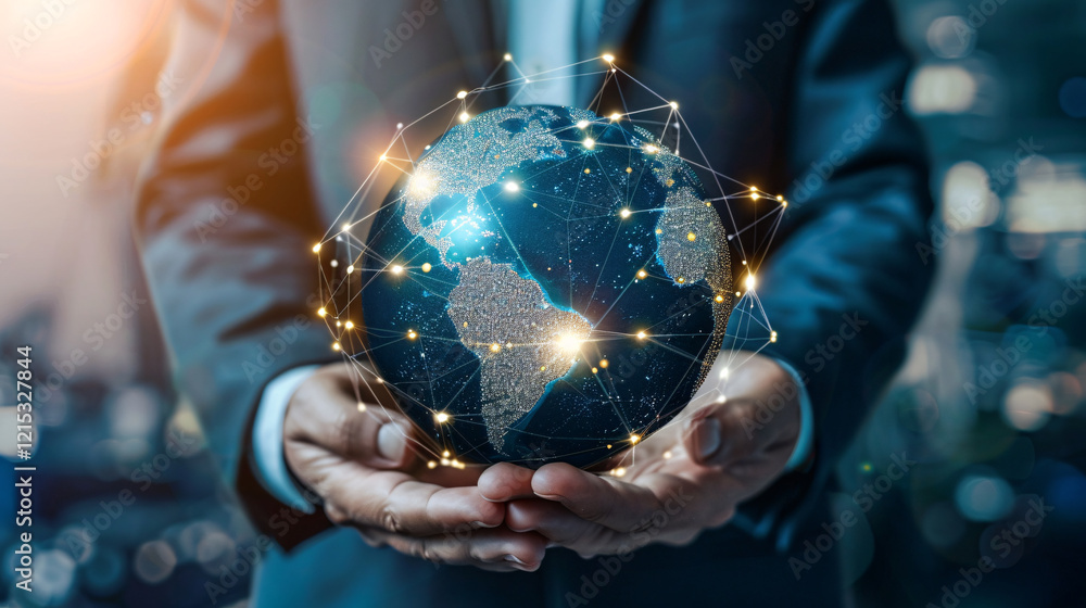 Aufkleber businessman holding a glowing earth globe with network connection lines, symbolizing global business