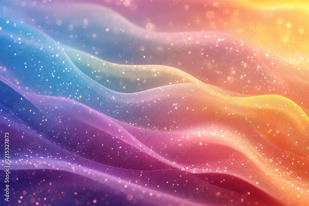 Poster abstract pastel rainbow wave background with glittering particles and soft light bokeh.