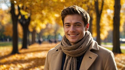 Man enjoying a sunny autumn day while strolling through a park adorned with vibrant orange and yellow leaves, wearing a cozy beige coat and a warm scarf