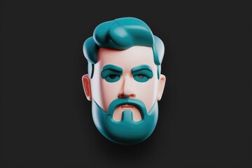 Stylized 3D model of a man's head with teal hair and beard, serious expression.