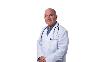 A male doctor wearing a white coat and stethoscope stands confidently with hands clasped. His warm...