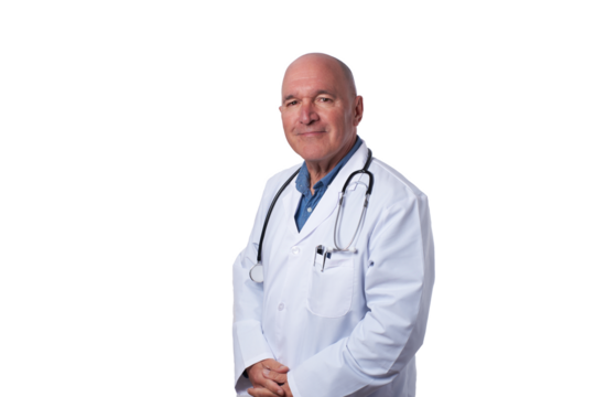 A male doctor wearing a white coat and stethoscope stands confidently with hands clasped. His warm smile and approachable demeanor convey professionalism and care.