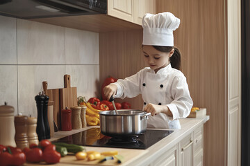 A little girl in a chef uniform is enthusiastically cooking in the kitchen. This image conveys the atmosphere of home comfort and joy in cooking, inspiring culinary experiments and teaching children 