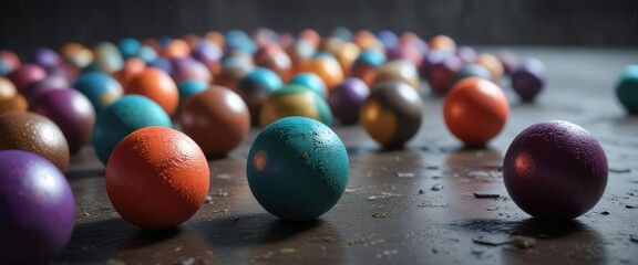 Colorful orbs scattered across a textured background, creating a dynamic composition , colorful balls, abstract shapes, vibrant colors