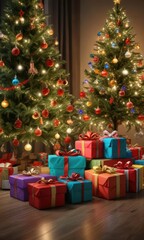Colorful presents on the table around a lit Christmas tree, presents, tablecloth