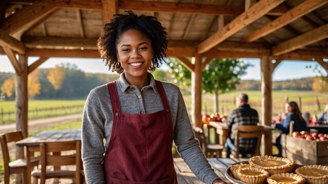 Joyful young American waitress serving freshly baked pies on a sunny autumn day at a picturesque outdoor cafe surrounded by vibrant foliage and cheerful customers - Powered by Adobe