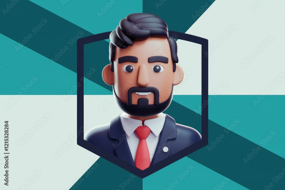 Poster a 3d cartoon rendering of a man with a beard, wearing a suit and tie.