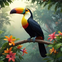 Colorful toucan bird in tree top with leaves and flowers, birdsong, forest canopy