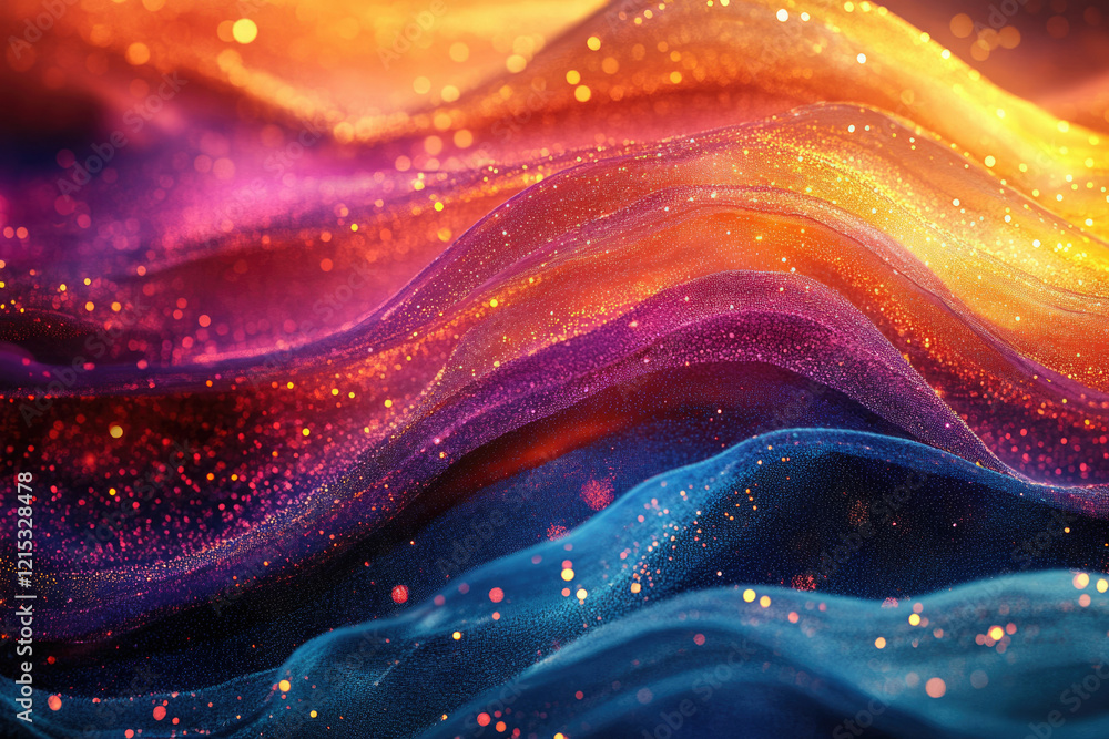 Poster abstract art of glittering waves in vibrant hues of orange, purple, and blue, creating a mesmerizing