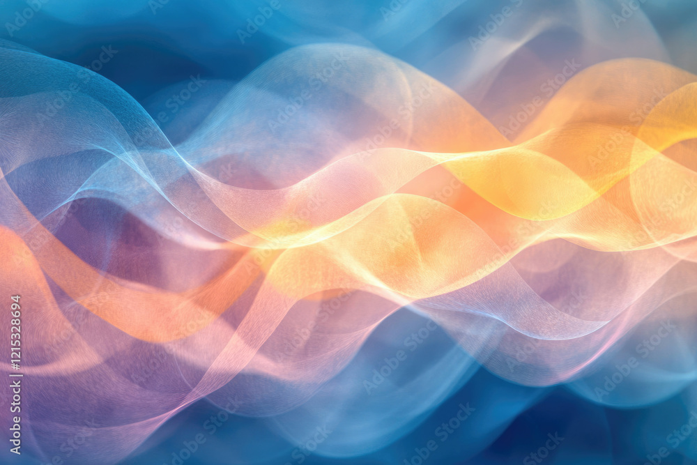 Poster abstract image with flowing, translucent waves in shades of blue and orange.