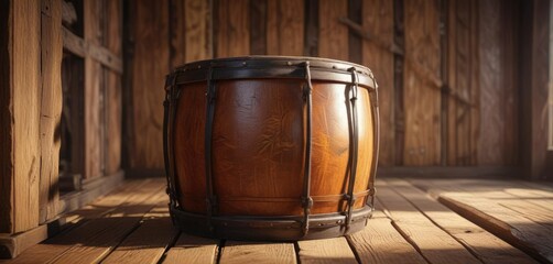 Fototapeta premium Cow leather drum in temple with ancient wooden slats, cow leather drum, rustic, natural material