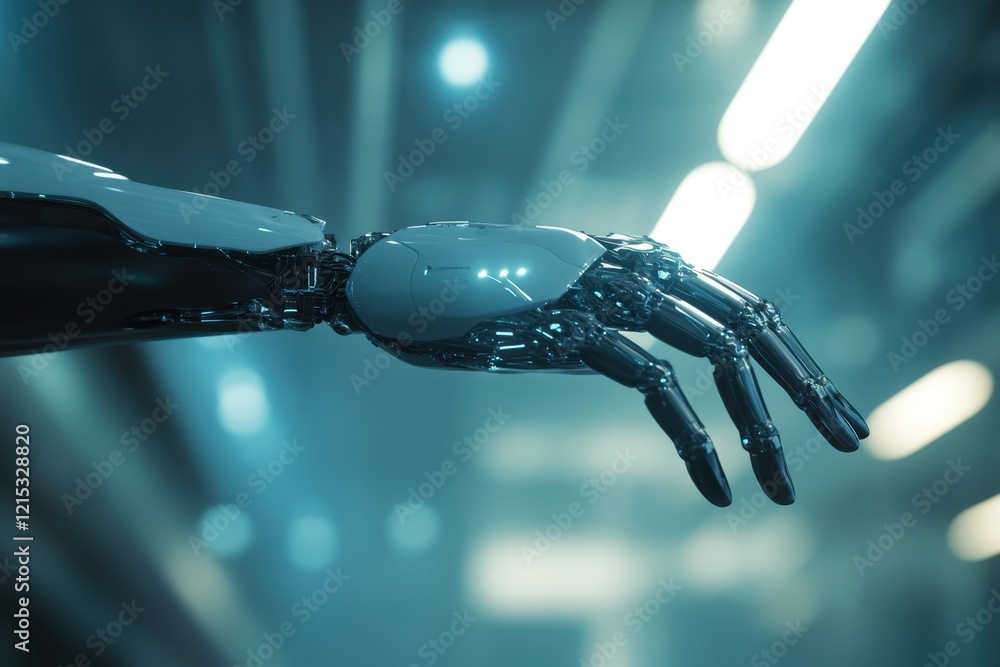 Poster robotic hand extends in a futuristic environment showcasing advanced technology and design