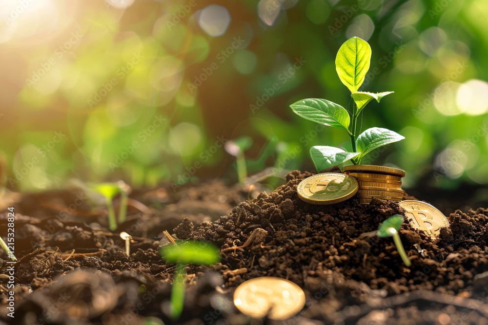 Poster small plant growing on a pile of golden bitcoin coins in fertile soil with a green bokeh background