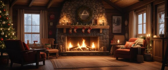 Obraz premium Cozy cabin with Christmas decorations and fire, warm and welcoming, soft furniture, holiday decoration