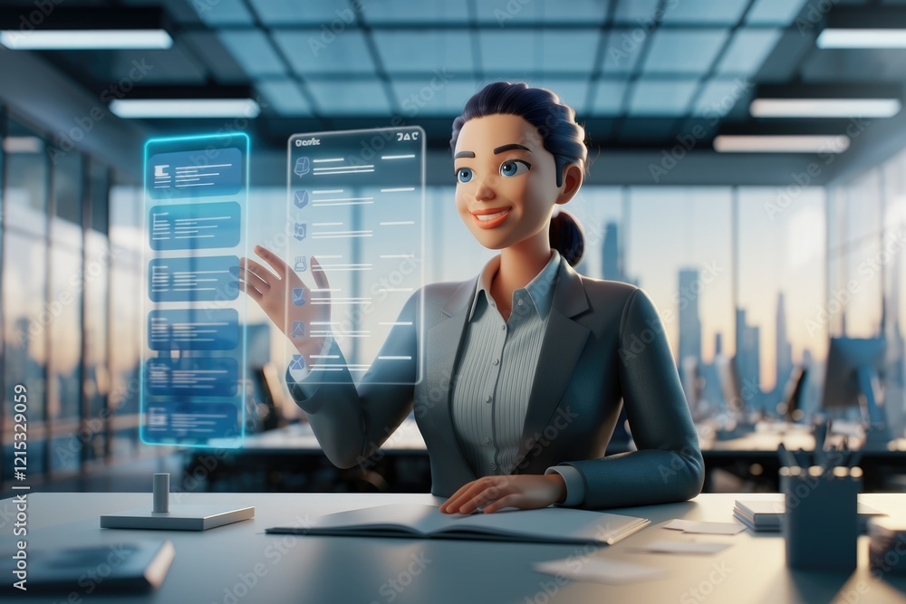 Poster A businesswoman interacts with a futuristic holographic interface displaying data and schedules in a modern office setting.